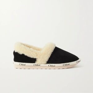 Chloé Woody Suede Shearling-Trim Logo Slippers